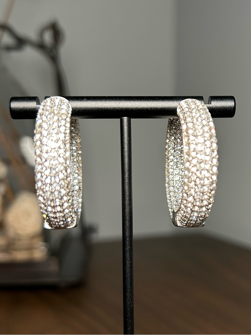 Joan Boyce Silver Tone Pavé Crystal Hoop Earrings Statement Sparkle